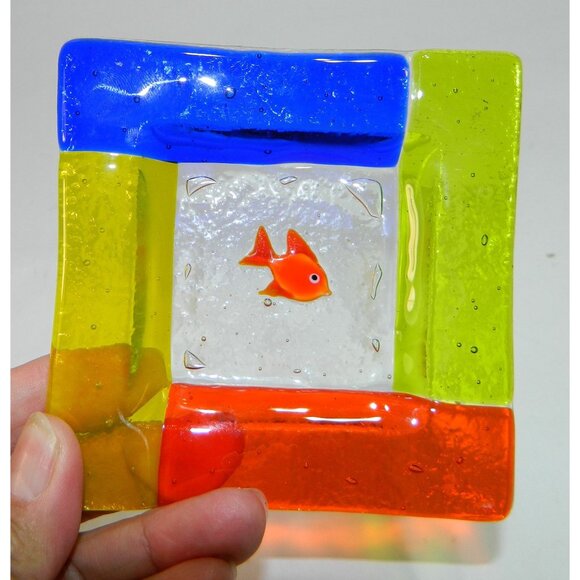 Handcrafted Colorful Glass Dish Fish Motif - 4" Square Ashtray Votive Candle - Picture 5 of 7